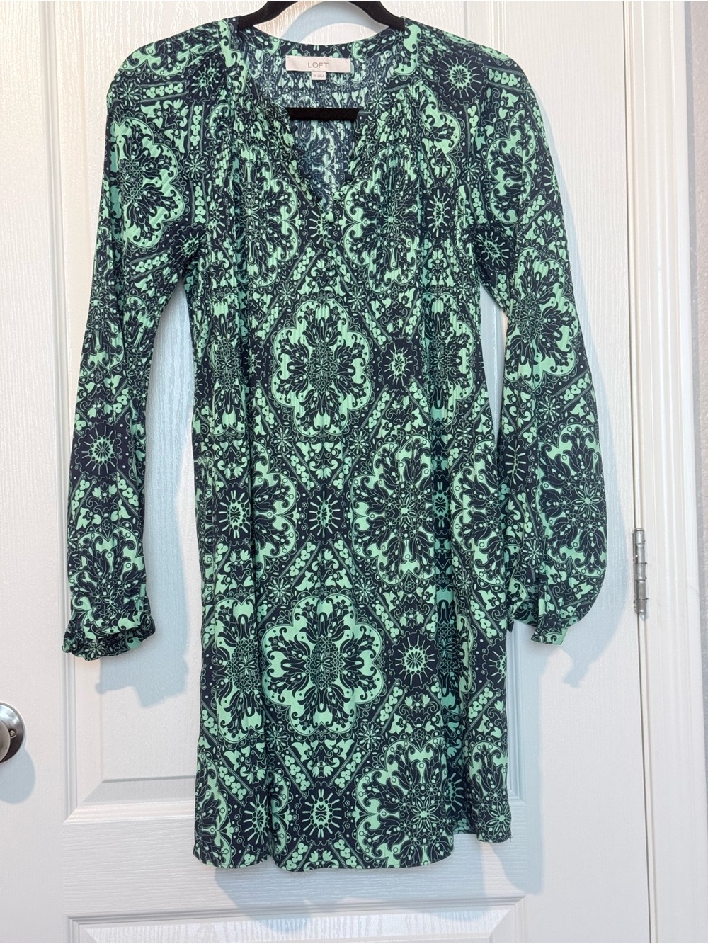 LOFT Mint Green and Black Printed Long Sleeve Dress